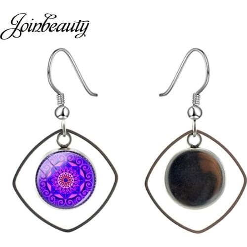 JOINBEAUTY Buddhism Sacred Fashion Pattern Drop Earrings Art Picture Square Hollow Out Geometry Dangle Earrings Gifts H398