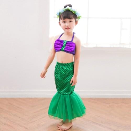 TaoBo Girl Mermaid Swimsuit Childrens Split 3 Piece Swimwear Purple Sling Scales Bras for Kid Costume Cosplay with Monofin Fin