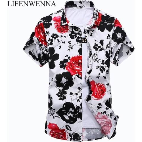 Plus Size 7XL Mens Shirt Summer Fashion National Flower Print Short Sleeve Shirt Mens Clothes Trend Casual Slim Fit Shirts Mens