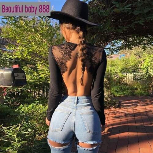 Meqeiss Autumn Women Black Elastic Soft Slim Bodysuit Sexy Backless Long Sleeve Jumpsuit Lady Wild Lace Leisure Home Clothing