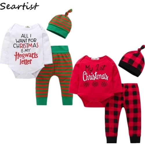 Baby Girls Boys Christmas Clothing Set Jumpsuit Pants Cap Infant Newborn Clothes Red Plaid Striped Romper Leggings 29