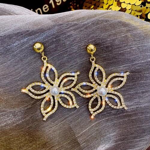 Elegant Gold Silver Color Crystal Flower Full Rhinestone Flower Drop Earrings for Women Statement Wedding Jewelry Girl Gift 3020