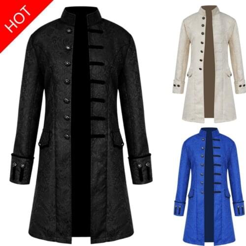 Medieval Men Trench Coat Steampunk Jacket Cosplay Costumes Long Sleeve Gothic Brocade Jackets Frock Vintage Stand Collar Coat