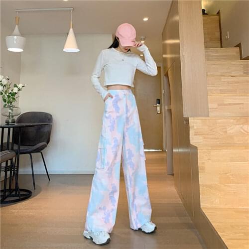 Tie Dye Print Pants Women Loose Korean Style Cargo Pants Women Harajuku High Waist 2021 New Fashion Striaght Lovely Trousers