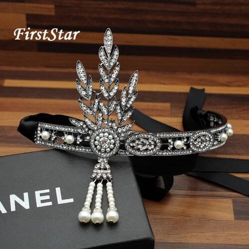 1920s Vintage Crystal Leaf Great Gatsby Headband Pearl Rose Gold Black Wedding Tiara And Crown Headpiece For Bride Hair Jewelry