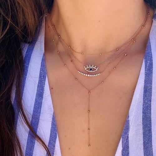 Vintage Rhinestone Turkish Eye Pendant Necklace For Women Gold Color Ball Chain Layered Necklace Bohemian Jewelry