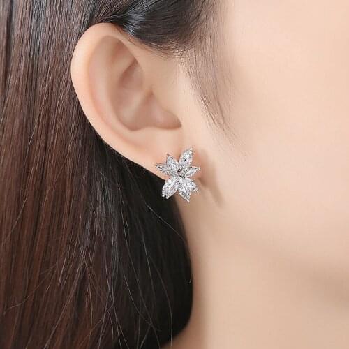 SLBRIDAL Silver Color Prong Setting Fashion Zirconia Earring Bridal Wedding AAA Grade CZ Earring Girl Women Jewelry Stud Earring