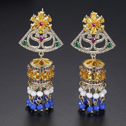 Retro Women Bells Drop Earrings Beads Tassel Crystal Rhinestone Dangle Earrings Indian Jhumka Jhumki Ethnic Gypsy Bridal Jewelry