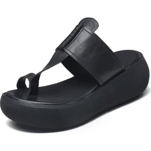 2021 Outdoor Handmade Sewing Women Slippers Summer Genuine Leather Wedges Heel Flip Flops Platform Outside Casual Slippers Mujer