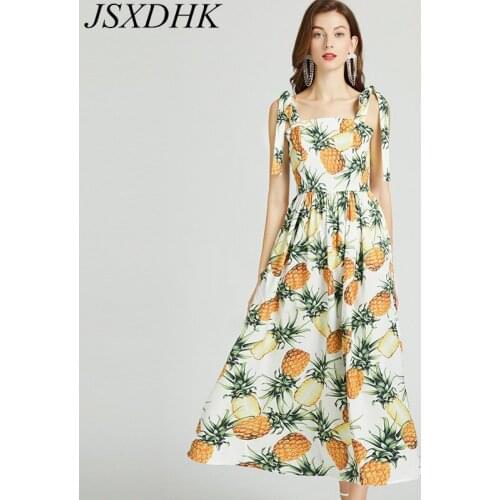 JSXDHK Runway Fashion Summer Vacation Dress Elegant Women Spaghetti Strap Bow Pineapple Printed Sexy Backless Boho Long Vestidos