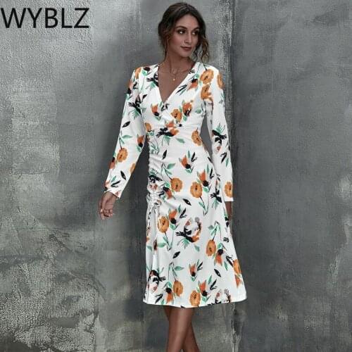 WYBLZ 2021 New Fashion Sexy Dress Deep V Neck Long Sleeve Spring Summer Women Dresses Boho Print Split Evening Party Ladies Robe