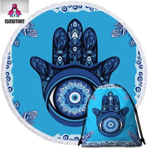 Evil Eye Hamsa by Ismot Esha Beach Towel Mandala Round Bath Towel Hand Blue Toalla Sunblock Blanket Peacock Feather Beach Mat
