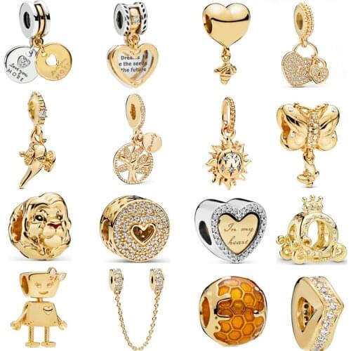 2021 New Gold Charm Heart Bee Family Tree Crown Beads Fit Original Pandora Charms Silver Color Bracelets Women DIY Fine Jewelry