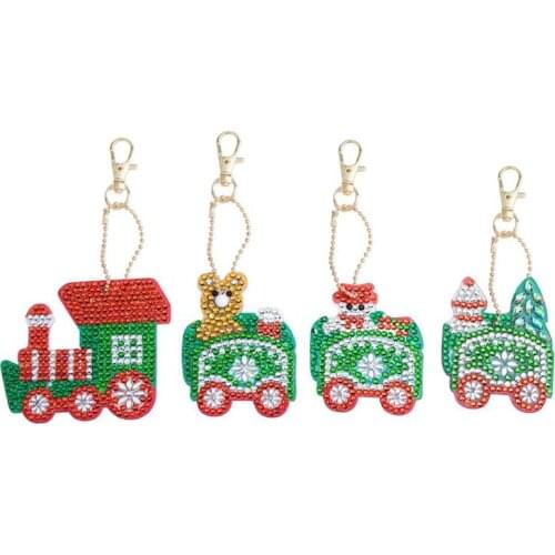 4pcs DIY Full Drill Special-Shape Diamond Painting Keychain Christmas Train Keychain Christmas Pendant Christmas Tree Ornaments