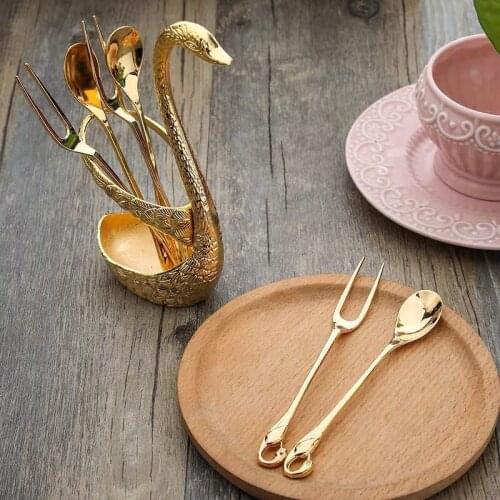 7pc Swan Base Bracket Fork Set Stainless Steel Salad Dessert Fork Coffee Spoon Cake Tableware Environmental Zero Waste Fruit Din