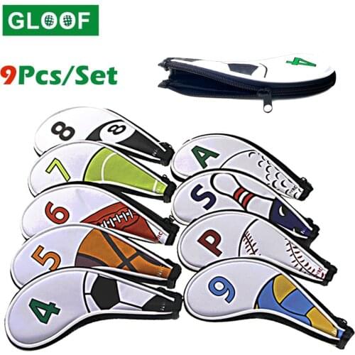 9pcs/lot Universal PU Leather Golf Clubs Irons Head Covers Set Golf Driver/Fairway Wood/Hybrid/Mallet Putter Head Cover Zipper
