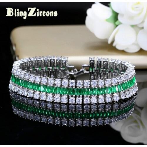 BeaQueen Stylish Full Crystal Bracelets & Bangles Large Green And White CZ Bridal Bracelet Bangle Jewelry for Women B103