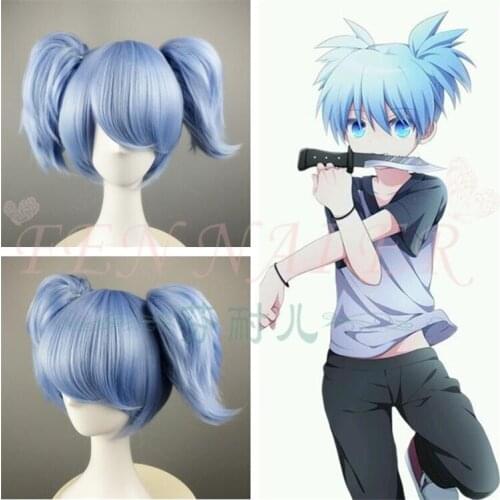 Biamoxer Anime Assassination Classroom Shiota Nagisa Blue Wig Cosplay Hair Base Wig+ Ponytail