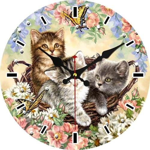 12Inch Cat Clock Decorative Wall Clock Non Ticking Silent Wall Clocks for Living Room Bathrooms Decor Kitten Cats On Flower