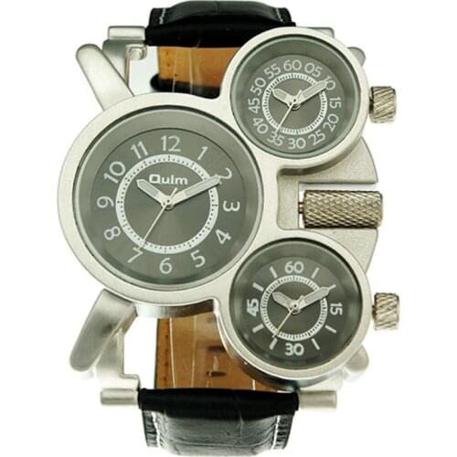 Relogio luxury brand OULM 1167 Reloj New Sport 3 time zone Black Leather Band Quartz Army Big Size Wrist Watch relogio technos