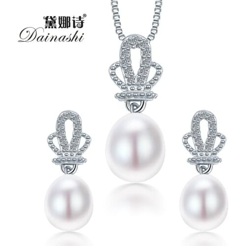 Dainashi 2020 Crown Natural Pearl Pendant Earrings 925 Sterling Silver Jewellery Sets White Pink Purple 9-10mm Water Drop Pearl