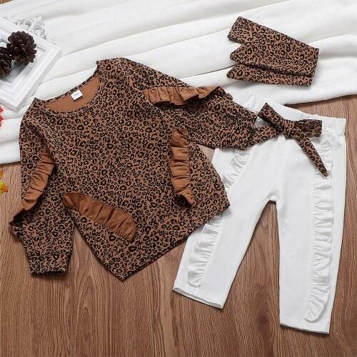 Kids clothing girl leopard print flounces jacket hoodie bowknot + pants + hair belt three - piece set jump suit for kids girls