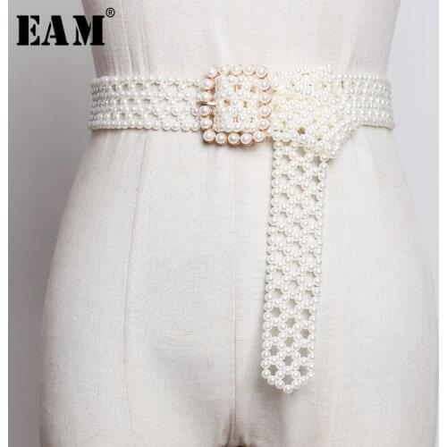 [EAM] Pearls Hollow Out Square Buckle Long Wide Belt Personality Women New Fashion Tide All-match Spring Autumn 2021 1A834