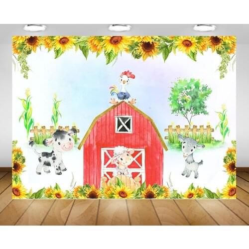 Floral Farm Birthday Backdrop for Photography Sunflowers Animals Barnyard Background Old Macdonald Red Warehouse Backdrops