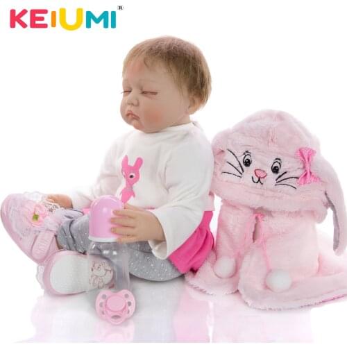 KEIUMI New Arrival Reborn Doll Eyes closed Realistic Rooted Mohair Vinyl Cloth Body Reborn Doll 55 cm For Child Birthday Gift