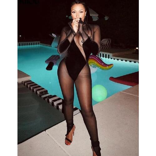 Kliou Mesh Fleece Fabric Patchwork Jumpsuits Bodysuits Women See Through Side Slit Asymmetrical Sexy Street Party Club Overalls