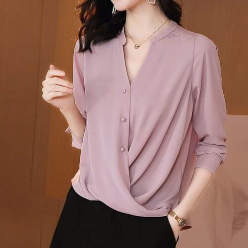 Red chiffon shirt ladies 2021 new spring summer long-sleeved fashion shirt top plus size women Silk Turn-down Collar