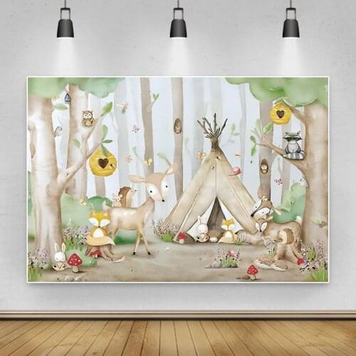 Laeacco Happy Birthday Baby Shower Forest Animal Camping tent Photo Backdrop For Baby Portrait Photography Backgrounds Photozone