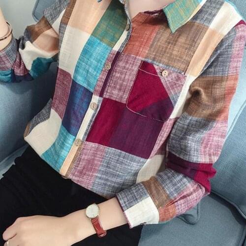 70% Hot Sell Women Casual Long Sleeve Turn Down Collar Pocket Slim Cotton Linen Plaid Shirt