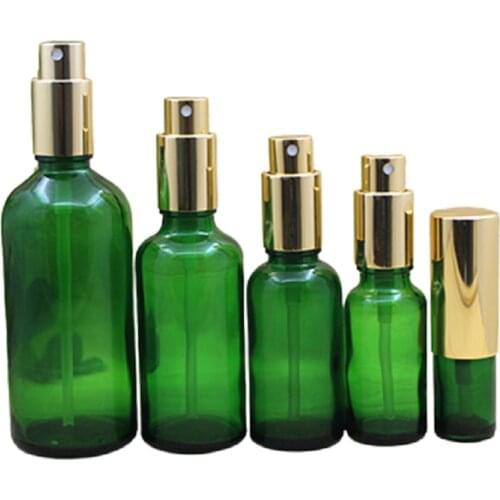 5ML 10ML 15ML 20ML 30ML 50ML 100ML Perfume Spray Emulsion Lotion Bottle Shiny Gold Lid Empty Green Glass Refillable Vials 15pcs