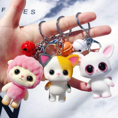 New Cute Cartoon Flocking Doll PVC Key Chain Women Panda Rabbit Sheep Cat Animal Keychain Bell Bag Pendant Car Key Ring Holder