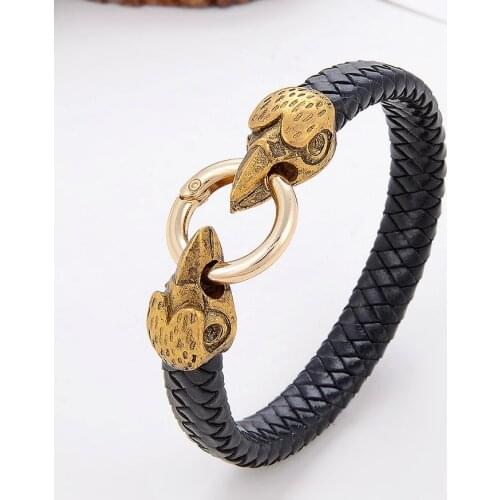 New Punk Style Men Bracelets Unique Animal Shape Round Spring Clasps Black Genuine Leather Bracelet For Women Jewelry Wholesale