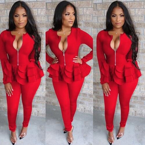 Sexy Two Piece Set Women 2020 Spring Fall Zipper Jacket Top and Pencil Pant Suits Female Elegant Slim Office Party Club Outfits