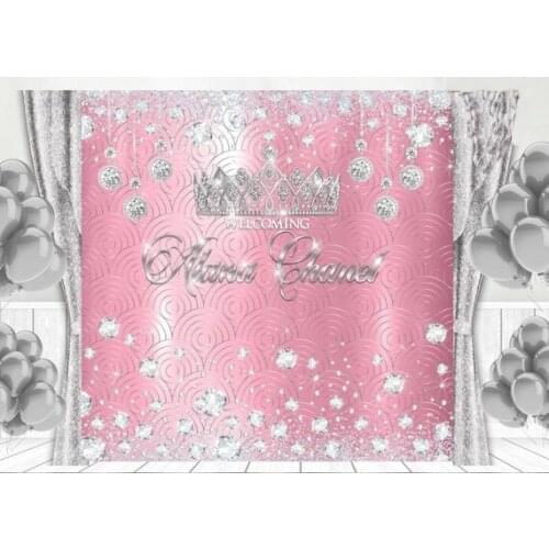 Custom Princess Crown Fairytale Tiara Diamond Pink background High quality Computer print party backdrop