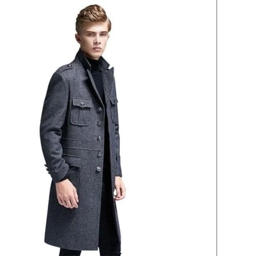 Grey single-breasted woolen coat men trench casual long sleeves overcoat mens cashmere coat casaco masculino inverno england