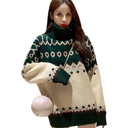 2021 Autumn Winter New Christmas Sweater Loose Retro High Collar Embroidered Long Sleeve Knitted Sweater Pullover Lovely Girls