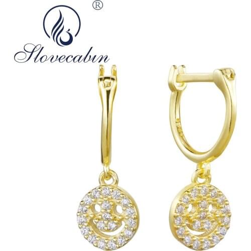 Slovecabin 925 Sterling Silver Simple Smile Face Danging Hoop Earrings Piercing Clip On Earrings For Women Luxury Femme Jewelry