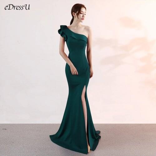 EDressU One Shoulder Evening Party Dress Sexy Split Long Dress Elegant Ruffules Neck Formal Dress YNY-16023