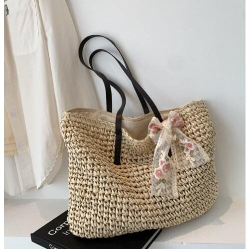 High Capacity Rattan Straw Bags for Women 2021 Summer Travel Fashion Lady Casual Beach Shoulder Handbag with Sweet Flower Lace