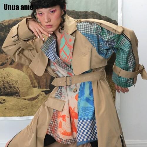 Unua amo 2021 Streetwear Chic Print Trench Coat For Women Spring Autumn Fashion Fake Two Pieces Design Womens Windbreaker