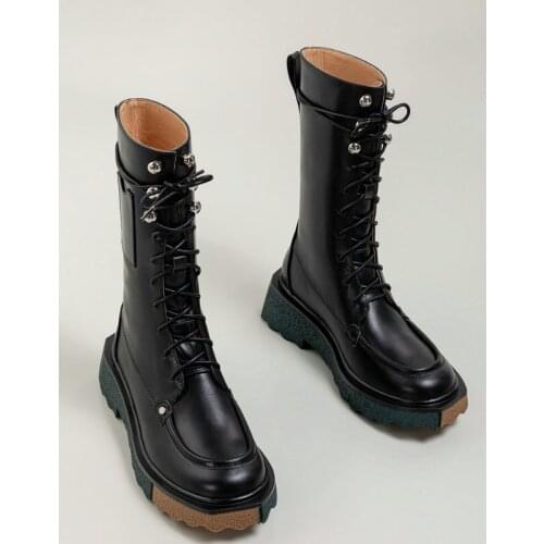 2021 Fashion Cow Genuine Leather Women Boots Square Heel Boots Ladies Lace Up Motorcycle Boots Black Booties Mid-Calf