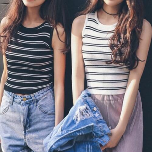 2019 Women Summer Striped Casual Knitted Tank Top Women O-Neck Sleeveless Tanks Top Girlfriends Vest