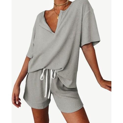 Womens Temperament Loose V-neck Short Sleeve + Shorts Suit Soild Color Summer Tracksuit Elastic Waist Women 2 Piece Sets