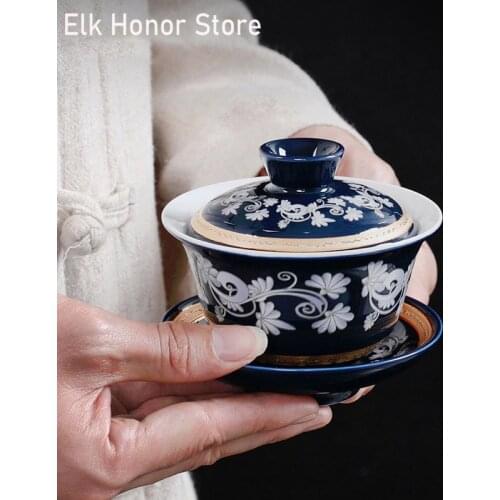 140ml Ancient Jade Porcelain GaiWan Beautiful Jade Flower Tea Tureen Sopera Sancai Tea Cup Milk Oolong Tea Tea Sets Porcelain