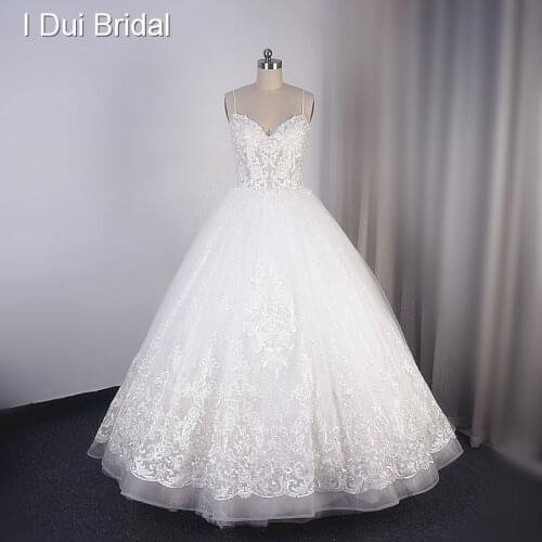 Spaghetti Strap Shinny Wedding Dress Factory Custom Made Bridal Gown