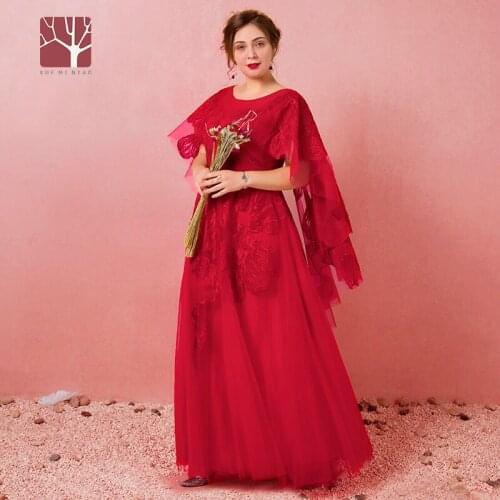 Burgundy O-Neck A-Line Evening Dress Ruffles Short Sleeves Lace Up Floor-Length Embroidery New Plus Size Women Formal Gowns D798